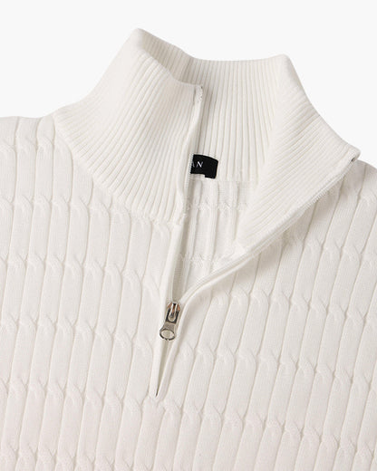Half zip ribbed sweater in cream and black with crew neckline and long sleeves