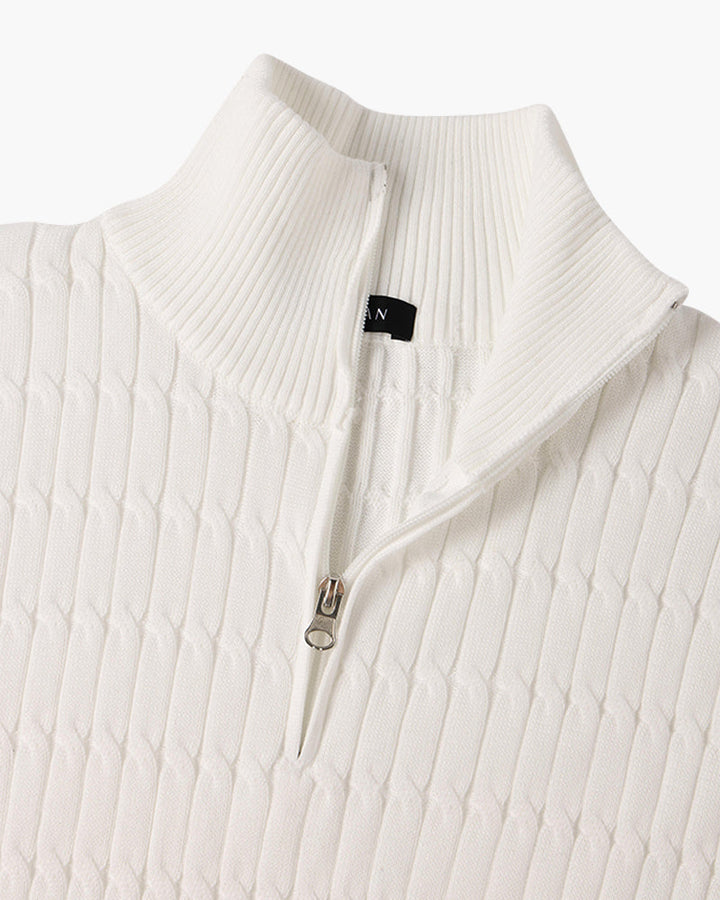 Half zip ribbed sweater in cream and black with crew neckline and long sleeves