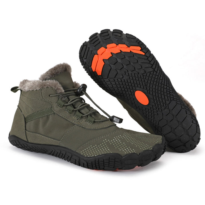 Winter barefoot ankle shoes with lace-up fronts, textured toes and faux fur collars