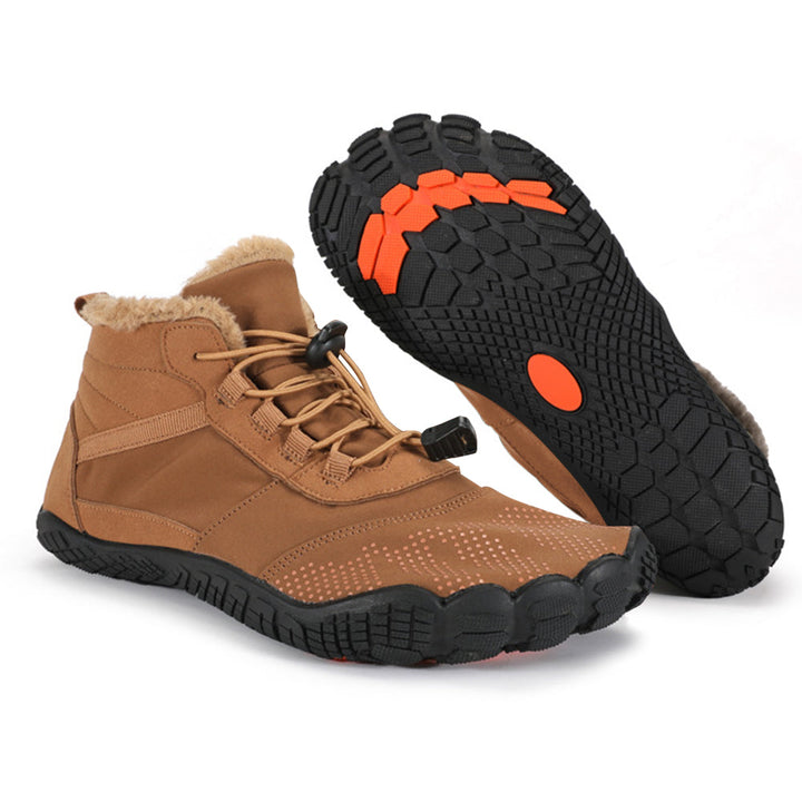 Winter barefoot ankle shoes with lace-up fronts, textured toes and faux fur collars