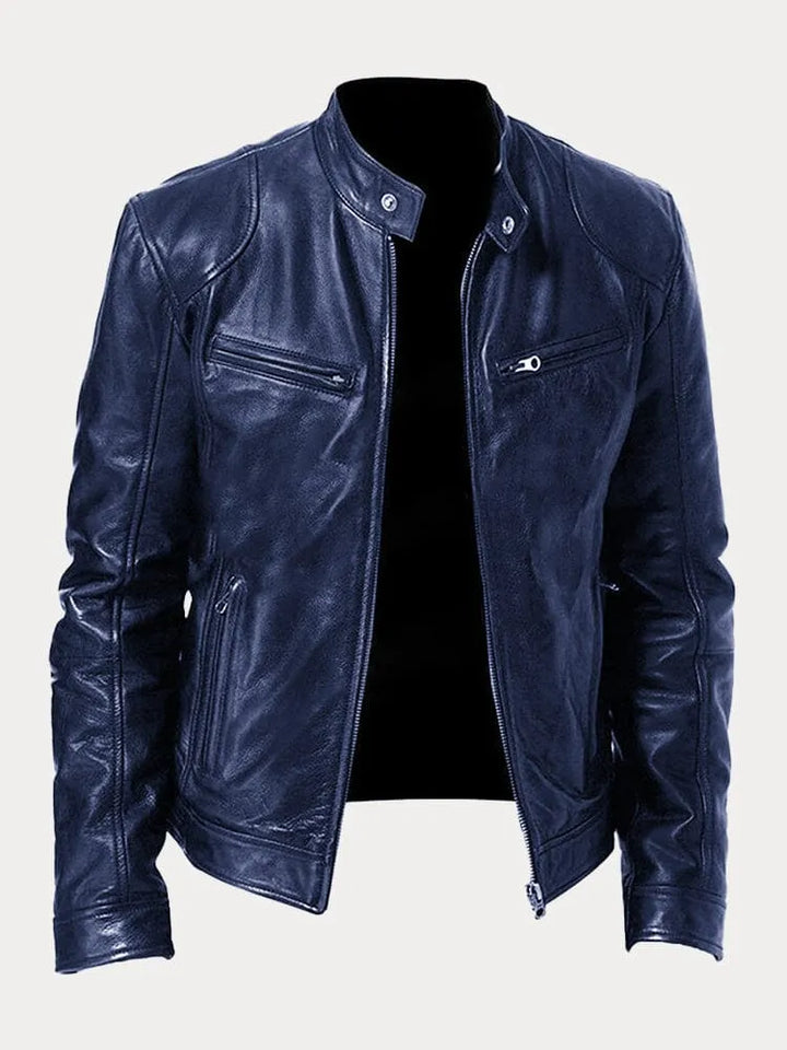 Men's stand collar jacket with long sleeves, zip pockets and front zip fastening