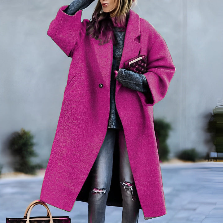 Women's long lapel coat with single button and front pockets