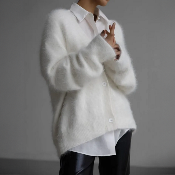 Women's loose fuzzy V-neck cardigan with button front