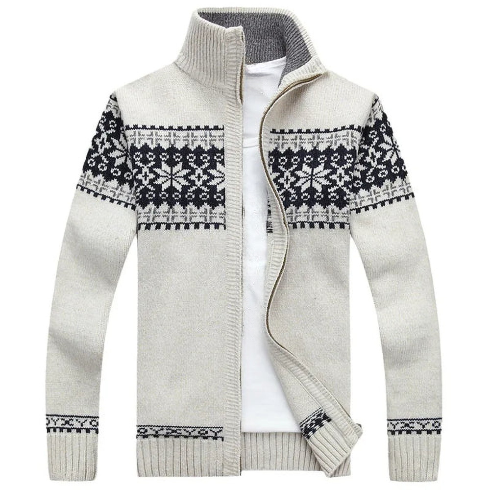 Long-sleeve patterned knit cardigan with high collar and front zipper