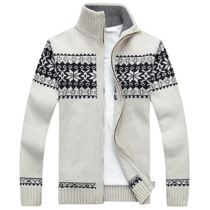 Long-sleeve patterned knit cardigan with high collar and front zipper