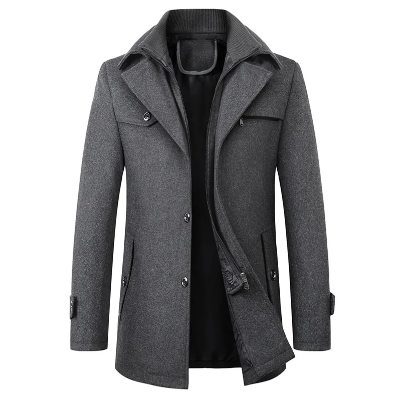 Men's textured stand collar coat with buttons, zip fastening and multiple pockets