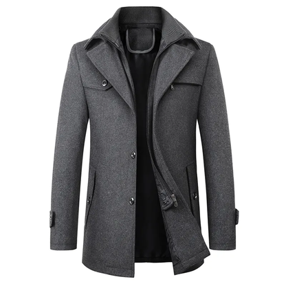 Men's textured stand collar coat with buttons, zip fastening and multiple pockets