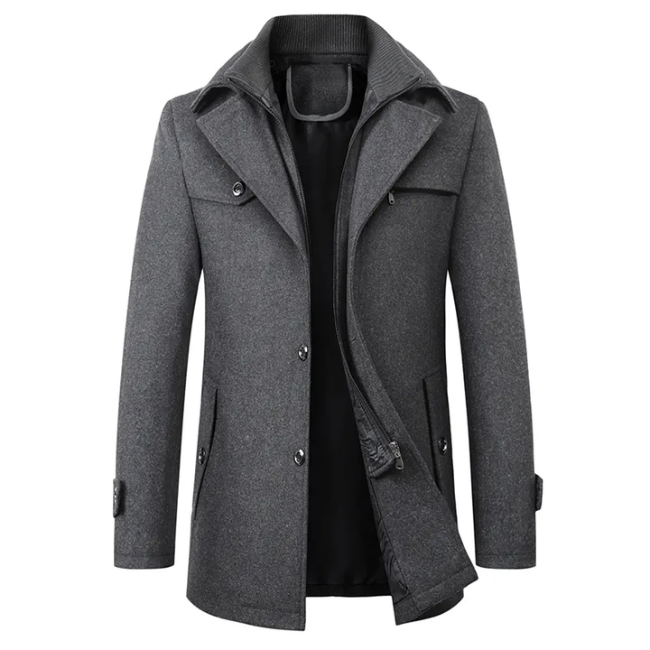Men's textured stand collar coat with buttons, zip fastening and multiple pockets