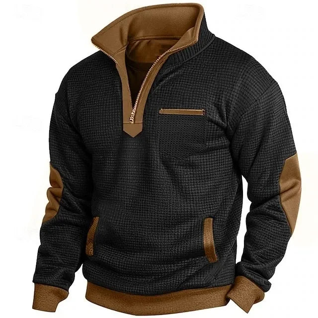 Men's textured half-zip sweatshirt with stand collar and chest pocket
