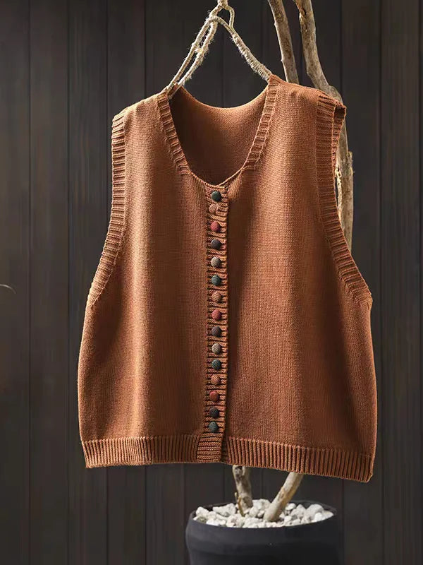 Women's sleeveless button front knit cardigan vest with V-neck and ribbed edges