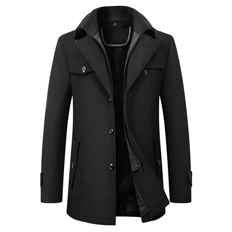 Men's textured stand collar coat with buttons, zip fastening and multiple pockets