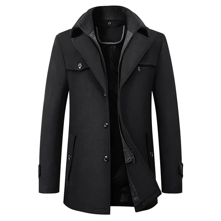 Men's textured stand collar coat with buttons, zip fastening and multiple pockets