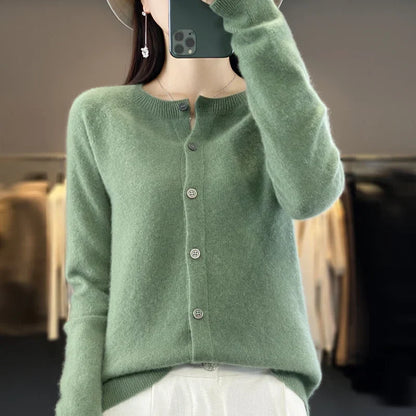 Women's long sleeve crew neck cardigan with button front and ribbed trims