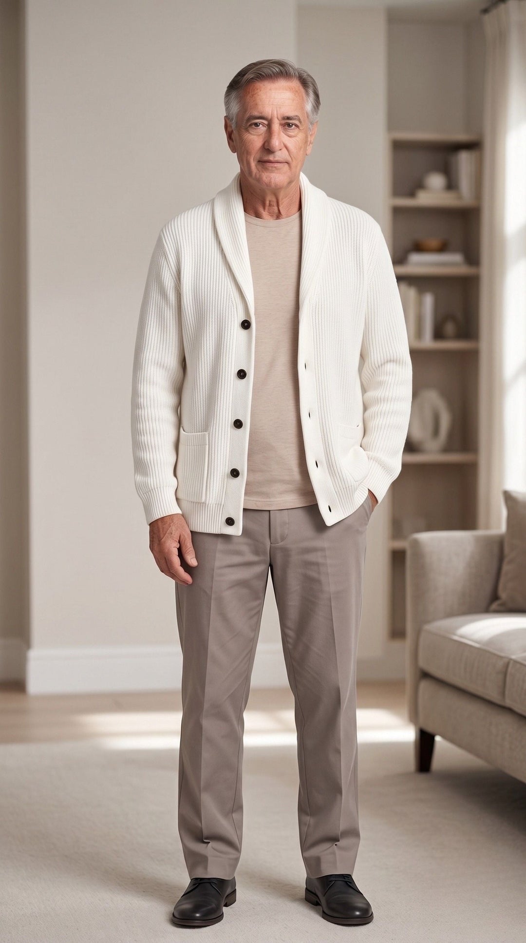 Women's ribbed knit cardigan with shawl collar and patch pockets