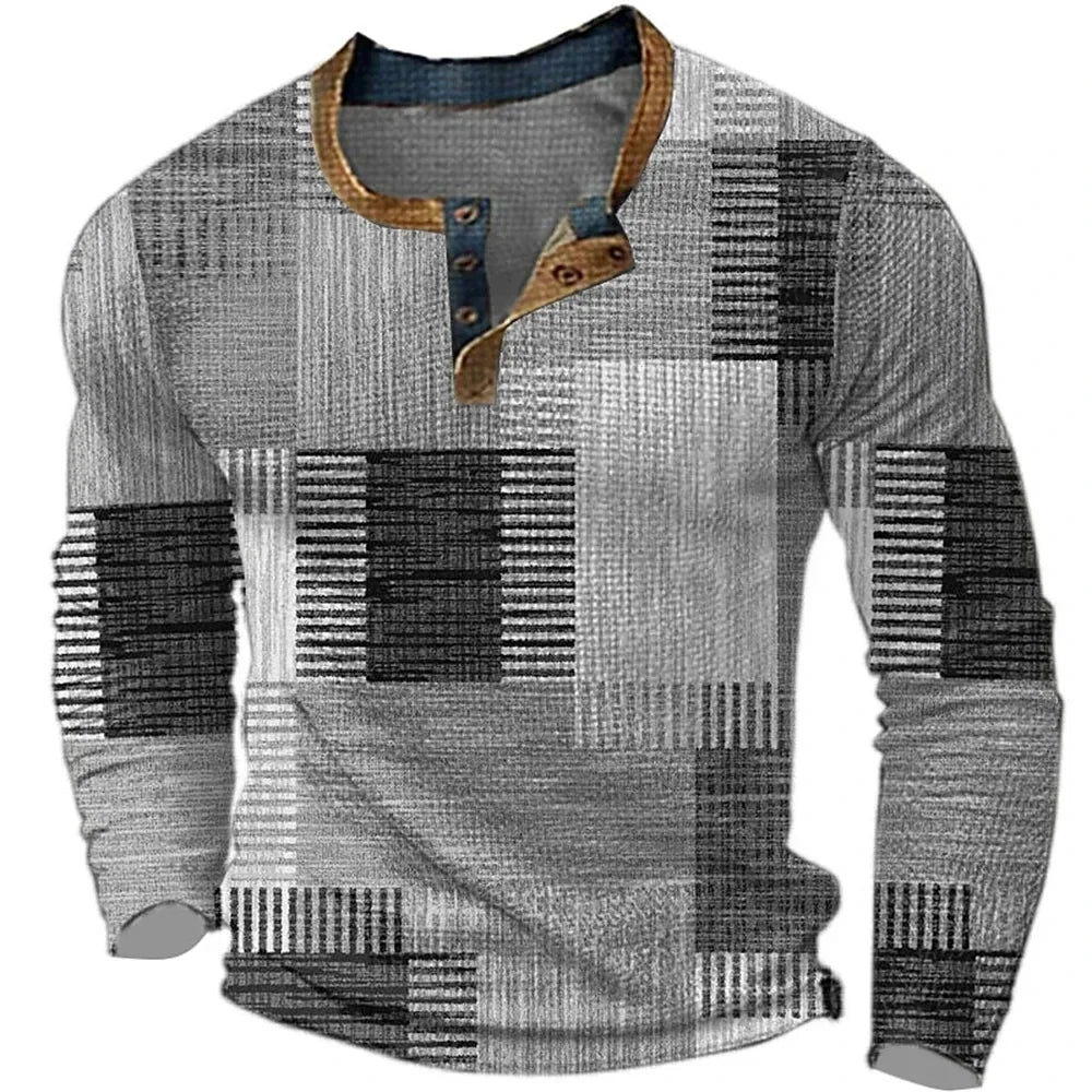 Men's geometric patchwork shirt with mandarin collar and long sleeves