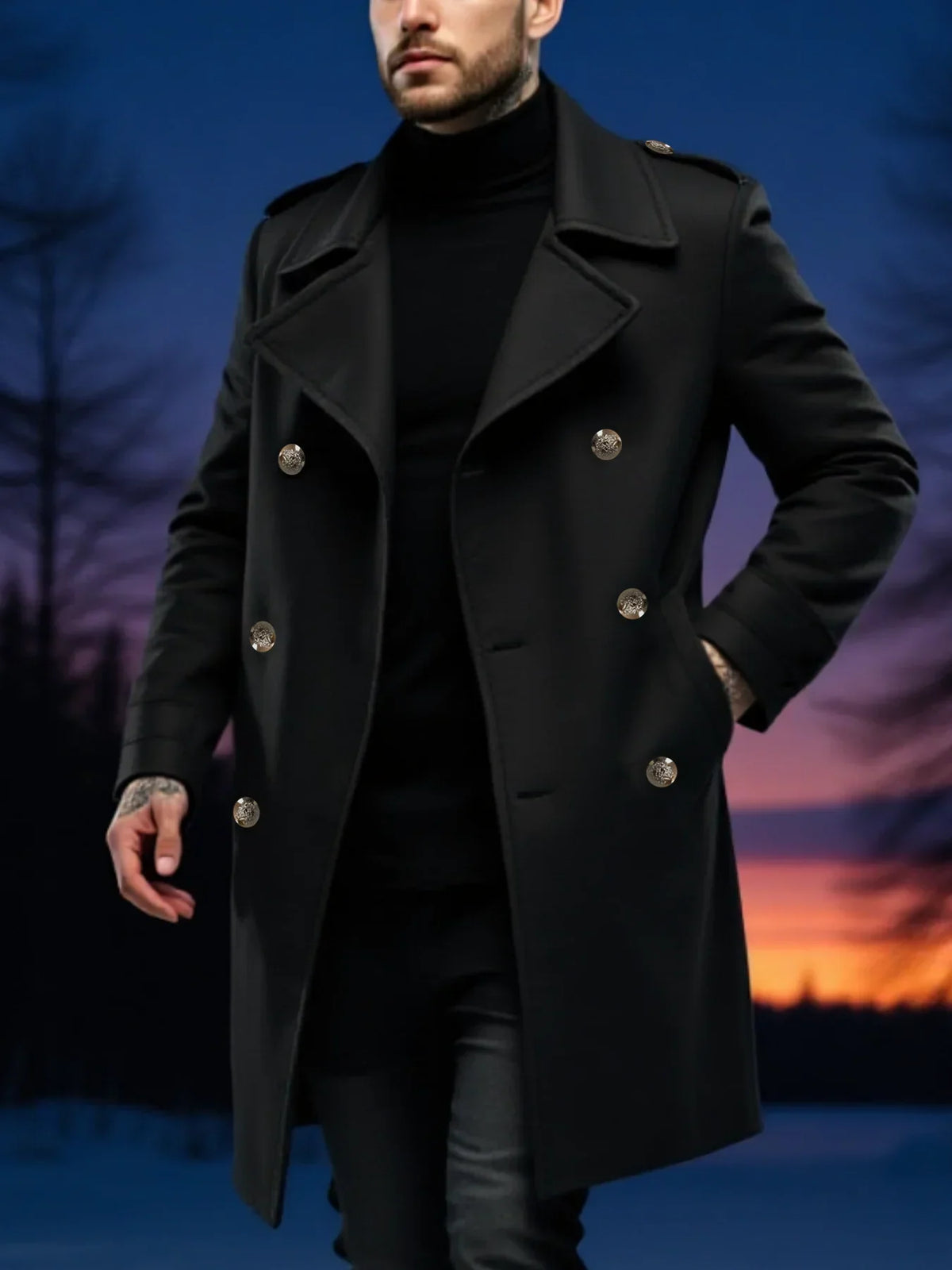 Men's longline double-breasted trench coat with notched lapels and shoulder tabs