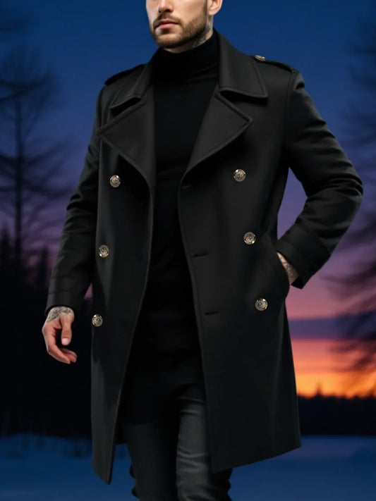 Men's longline double-breasted trench coat with notched lapels and shoulder tabs
