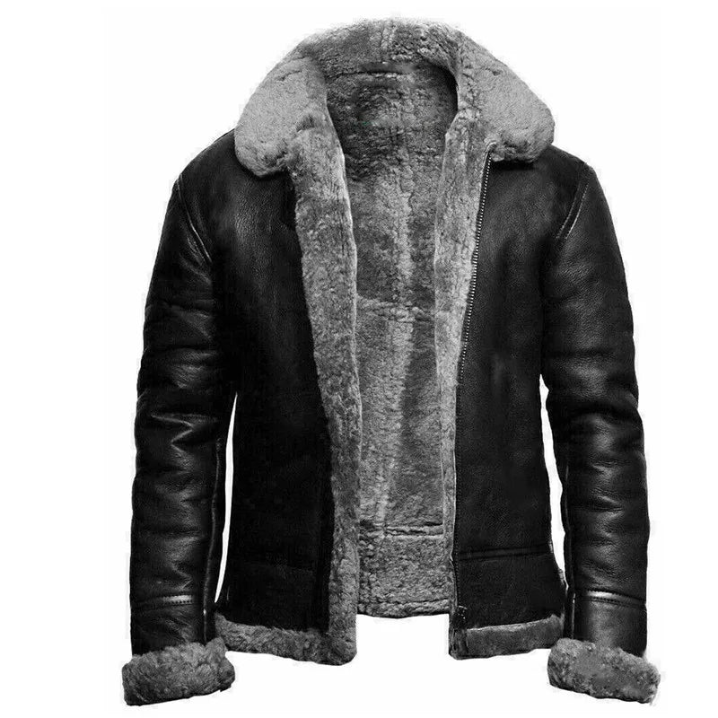 Men's hooded coat with plush lining, long sleeves and diagonal zip front