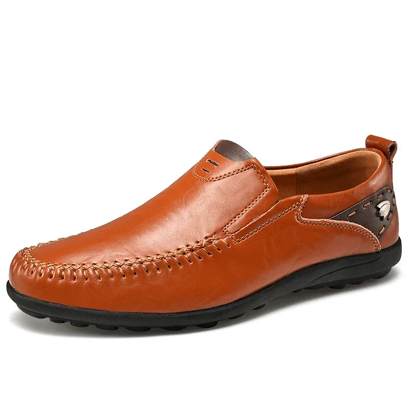 Men's slip-on loafers with moc-toe stitching and textured flat soles