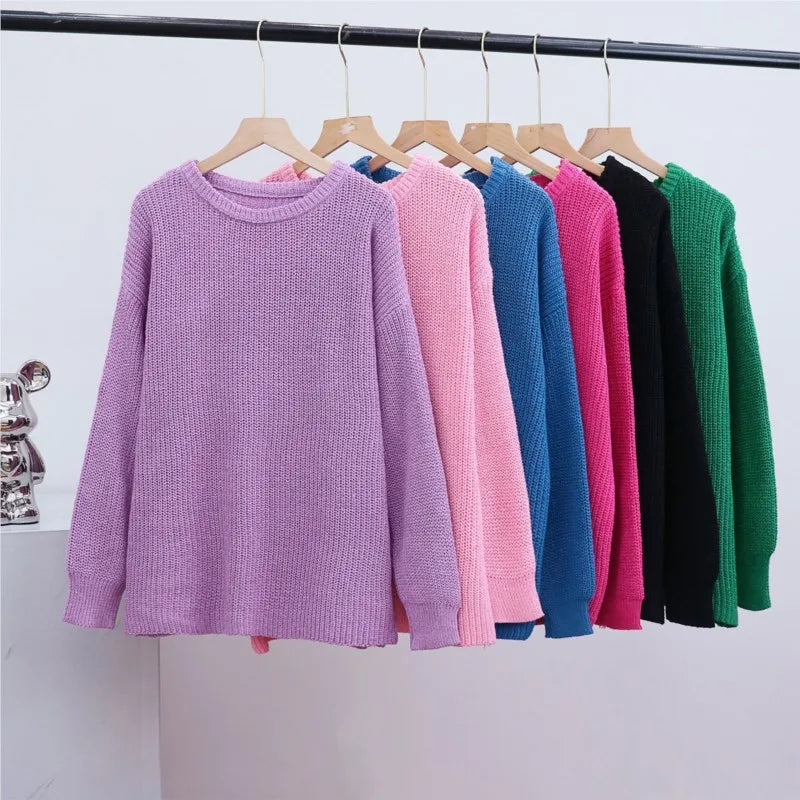 Women's ribbed knit sweater with crew neck and long sleeves
