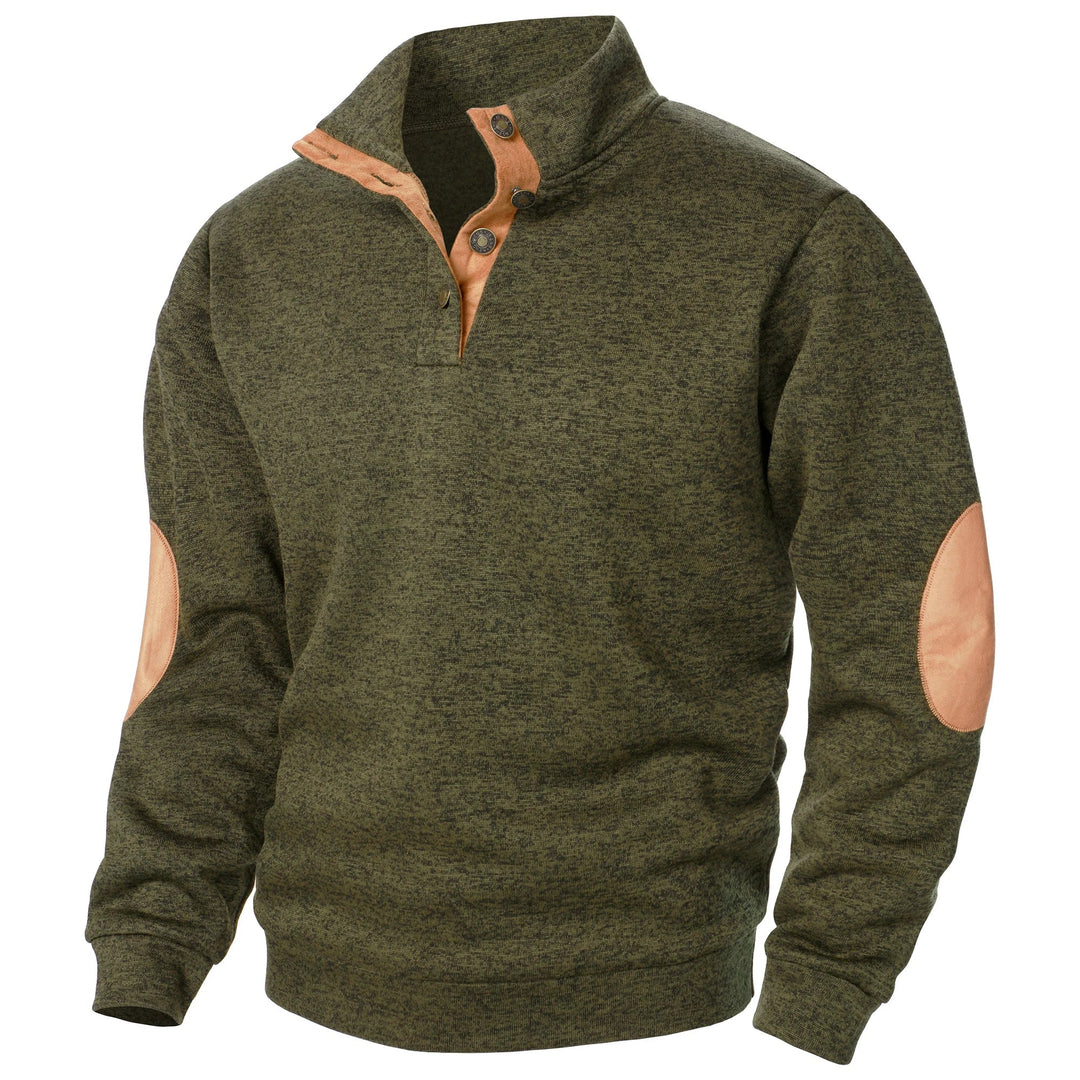 Unisex quarter zip sweater with stand collar and elbow patches