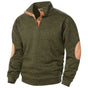 Men's textured mock neck sweater with button placket and contrast elbow patches