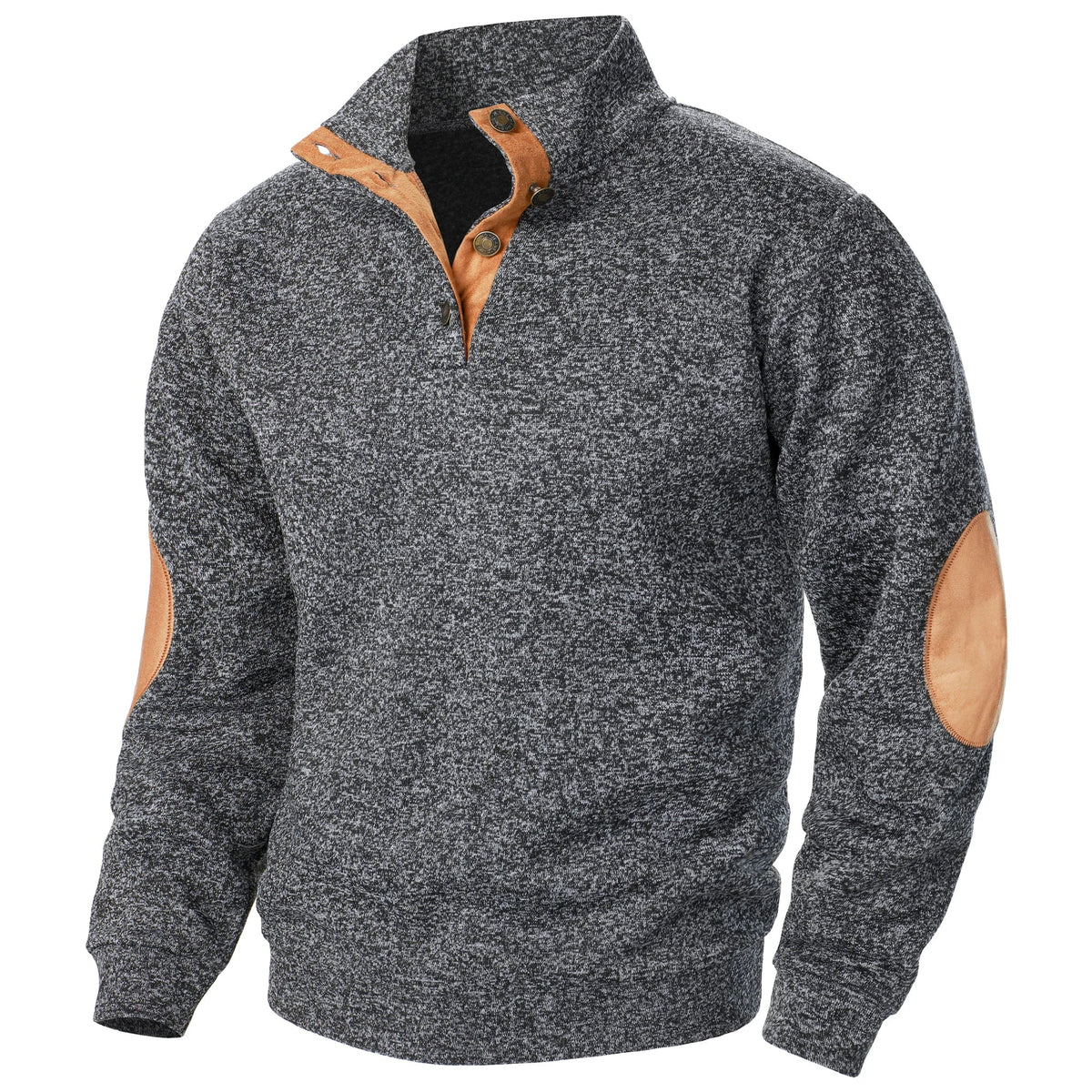 Unisex quarter zip sweater with stand collar and elbow patches