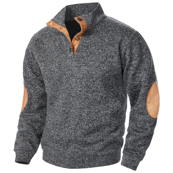 Unisex quarter zip sweater with stand collar and elbow patches