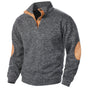 Men's textured mock neck sweater with button placket and contrast elbow patches