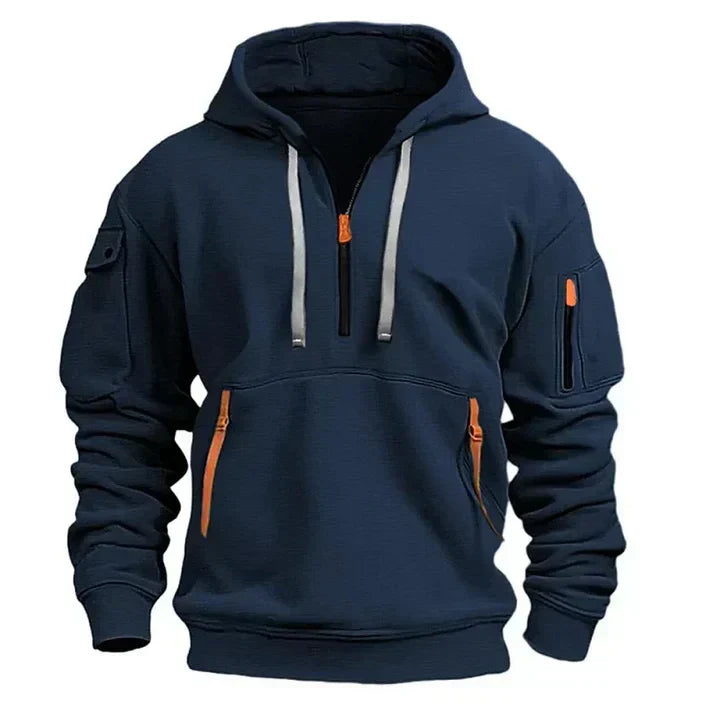 Men's hooded sweatshirt with half-zip front and multiple zip pockets