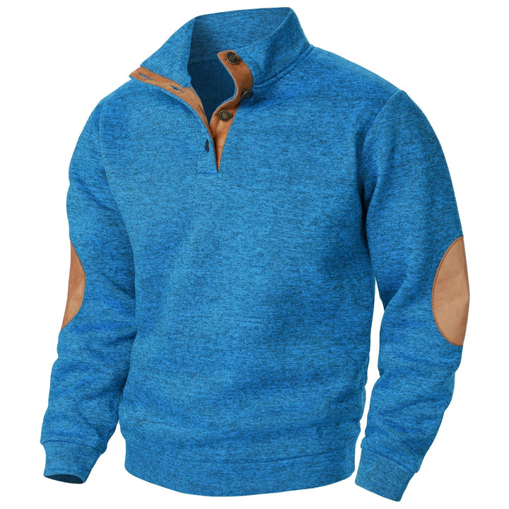 Unisex quarter zip sweater with stand collar and elbow patches