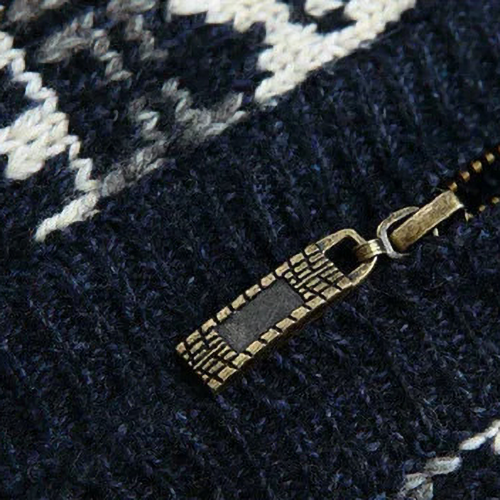 Long-sleeve patterned knit cardigan with high collar and front zipper