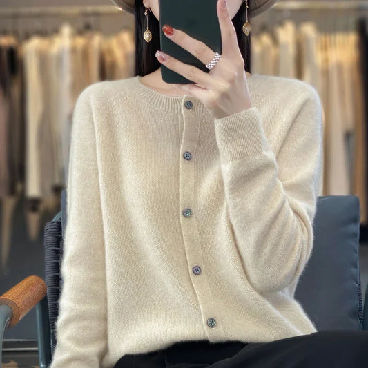 Women's long sleeve crew neck cardigan with button front and ribbed trims