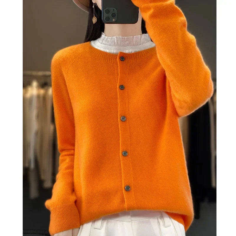 Women's long sleeve crew neck cardigan with button front and ribbed trims
