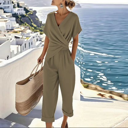 Women's Short-Sleeve V-Neck Jumpsuit – Casual Wide-Leg One-Piece 3