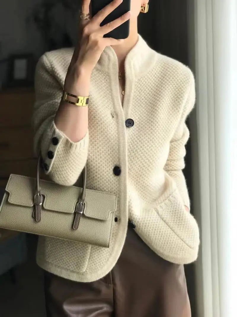 Women's textured button front cardigan jacket with stand collar and patch pockets