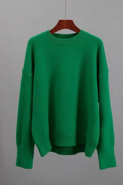 Women's plain crew neck sweater with long sleeves and ribbed trims