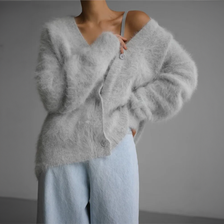 Women's loose fuzzy V-neck cardigan with button front