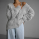 Women's loose fuzzy V-neck cardigan with button front
