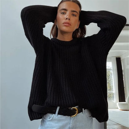 Women's ribbed knit sweater with crew neck and long sleeves
