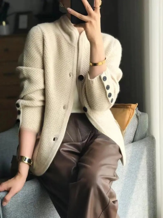Women's textured button front cardigan jacket with stand collar and patch pockets