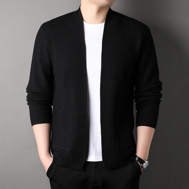 Men's textured open front cardigan with patch pockets