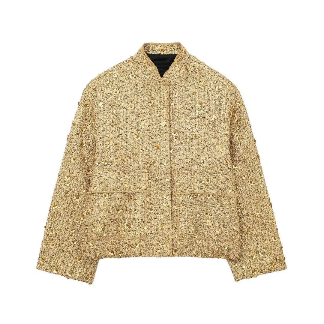 Women's textured tailored jacket with stand collar, zipper and flap pockets