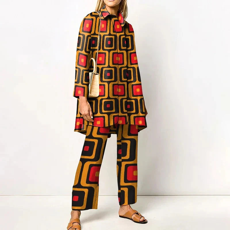 Women's geometric print blouse and wide-leg trousers two-piece set
