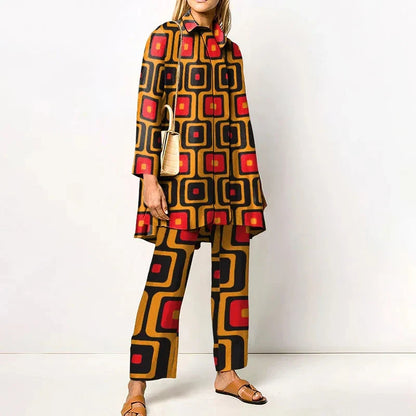 Women's geometric print blouse and wide-leg trousers two-piece set