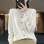 Women's long sleeve crew neck cardigan with button front and ribbed trims