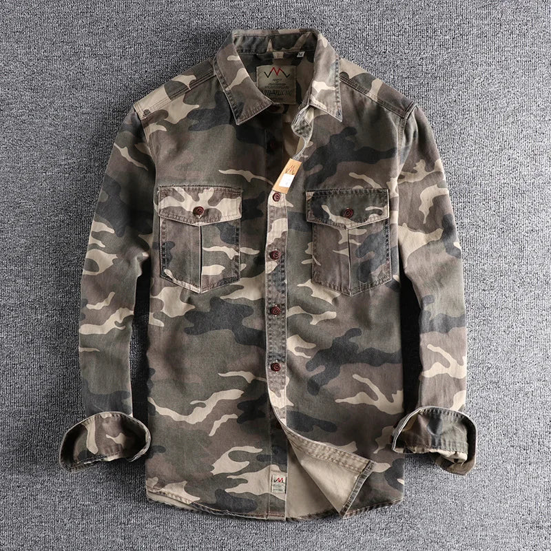 Men's camouflage button-up shirt with two chest pockets