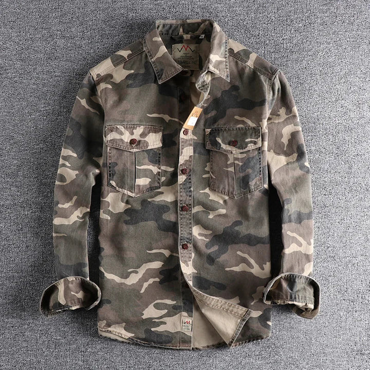 Men's camouflage button-up shirt with two chest pockets