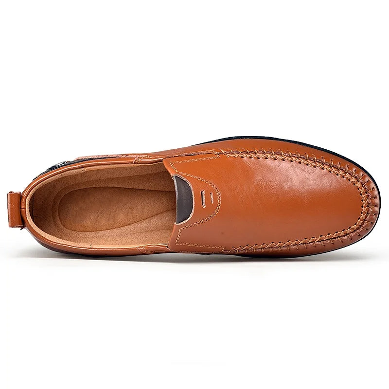 Men's slip-on loafers with moc-toe stitching and textured flat soles