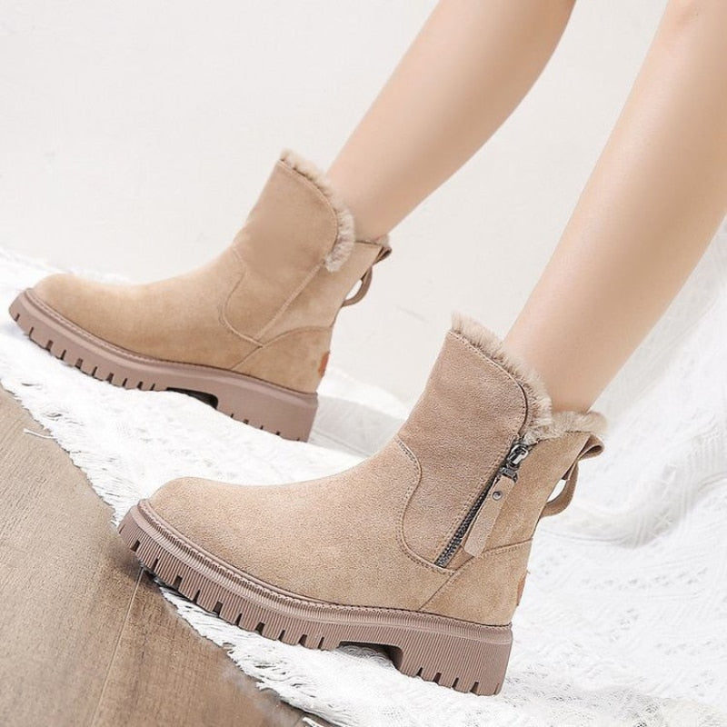 Women's ankle boots with fur-trimmed openings and chunky lug soles